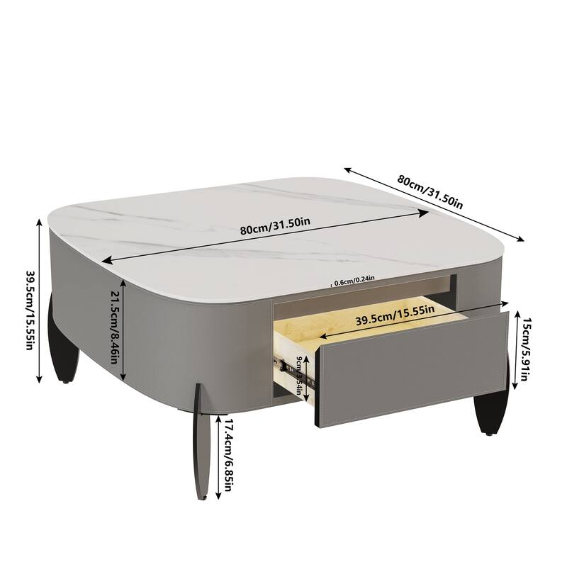 Rounded Square Sintered Stone Coffee Table Microfiber Saddle Leather - 32"