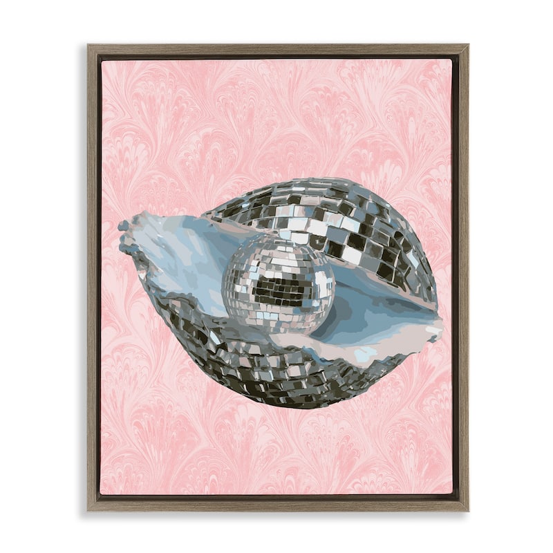 Stupell Disco Oyster on Pink Framed Floater Canvas Wall Art Design By Lil' Rue - 17 x 21 - Brown
