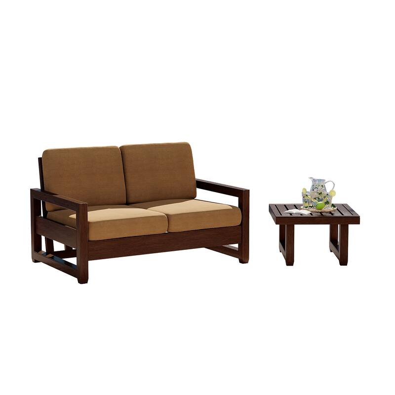 Teak Loveseat Patio Set with Cushions and Table (2-Piece)