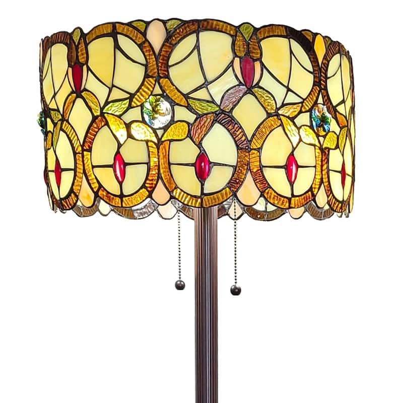 Beige Metal Torchiere Floor Lamp with Red White Stained Glass Shade - 16” x 16” x 63” (D x W x H)