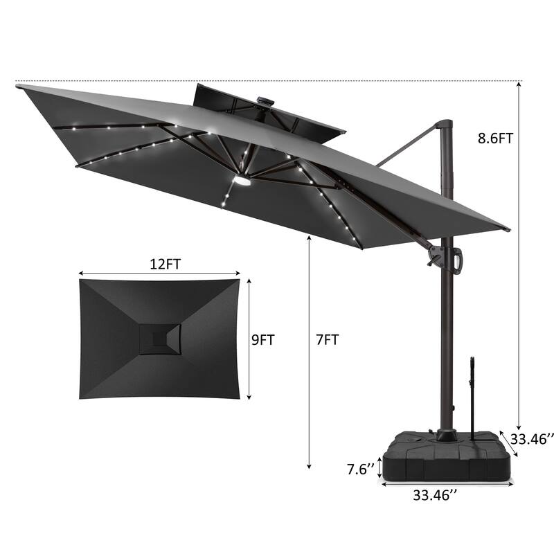 12 x 9 FT Outdoor Patio Cantilever Umbrella with Solar Lights Double Canopy 360 Rotation Tilt with Rod Wheel Base