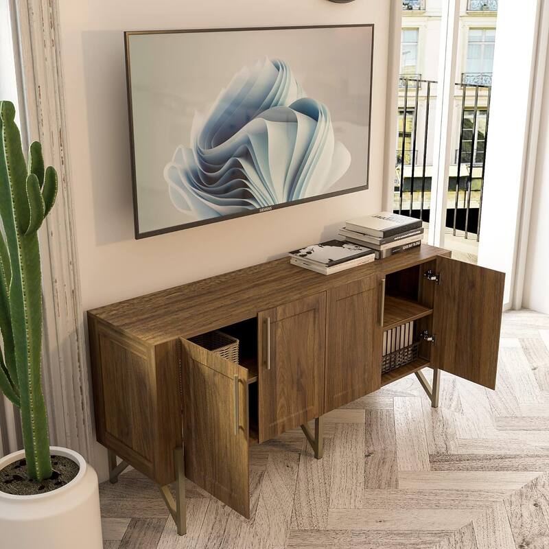 Roomfitters Walnut Finish Mid-century TV Stand Media Console, TV unit Sideboard with Gold Metal Legs - W59"xL17.71"xH27.55"