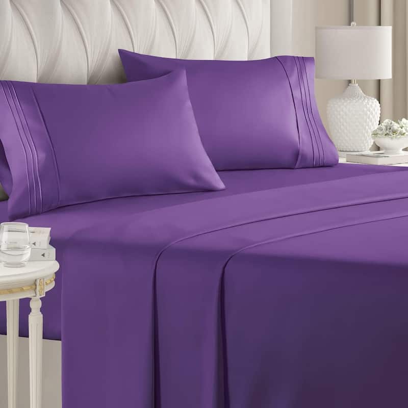 CGK Linens 4 Piece Solid Deep Pockets Microfiber, Easy-Fit Bed Sheet Set - Full - Purple