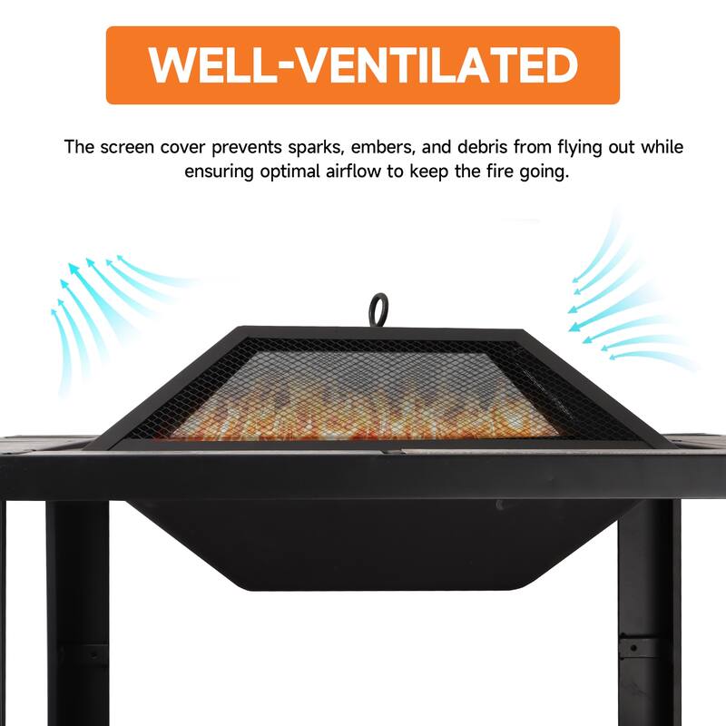 30" Square Fire Pit Table with Marble Tile Top, Outdoor Firepit for Patio & Backyard