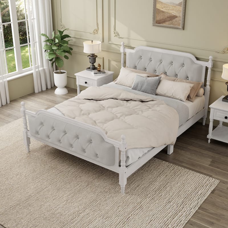 Traditional Style Solid Wood Bed Frame with Upholstered Tufted Headboard