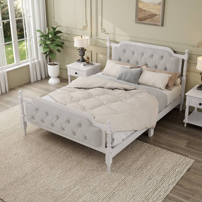 Traditional Style Solid Wood Platform Bed Frame with Upholstered Tufted Headboard, Wooden Slats Support, No Box Spring Needed