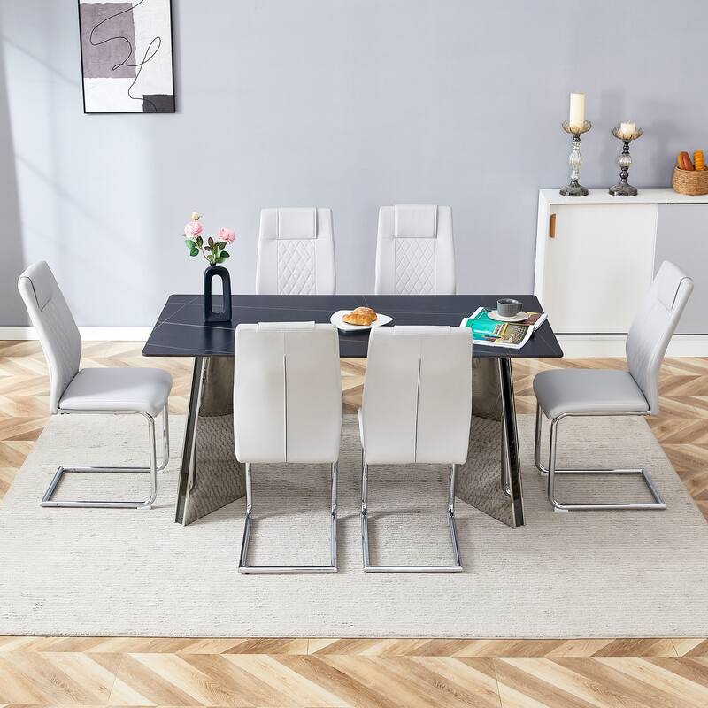 Modern Style Dining Rectangular Table Set with Stainless Steel Butterfly Legs and PU High Back Dining Chairs
