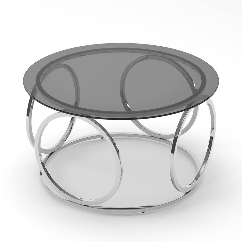 31.5" Modern Round Glass Top Coffee Table with Circular Metal Frame