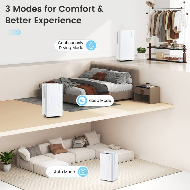 White Copper ABS Dehumidifier 32 Pints with LED Control and Auto Drainage - 10" x 8.5" x 18"