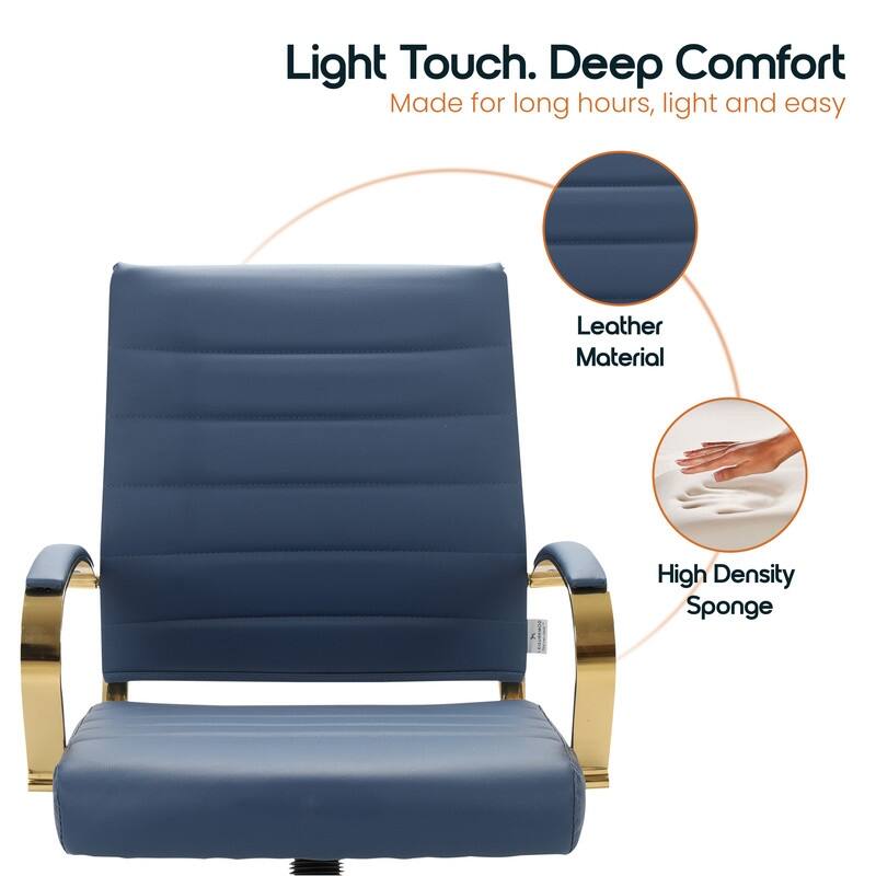 Benmar Mid-Back Leather Office Desk Chair in Gold Stainless Steel Frame Adjustable Height Tilt Lock 360 Swivel Ergonomic Chair