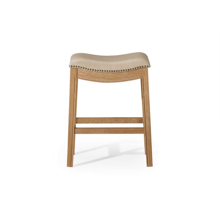 HomeRoots 26" Beige and Natural Faux Leather and Solid Wood Backless Counter Height Bar Chair
