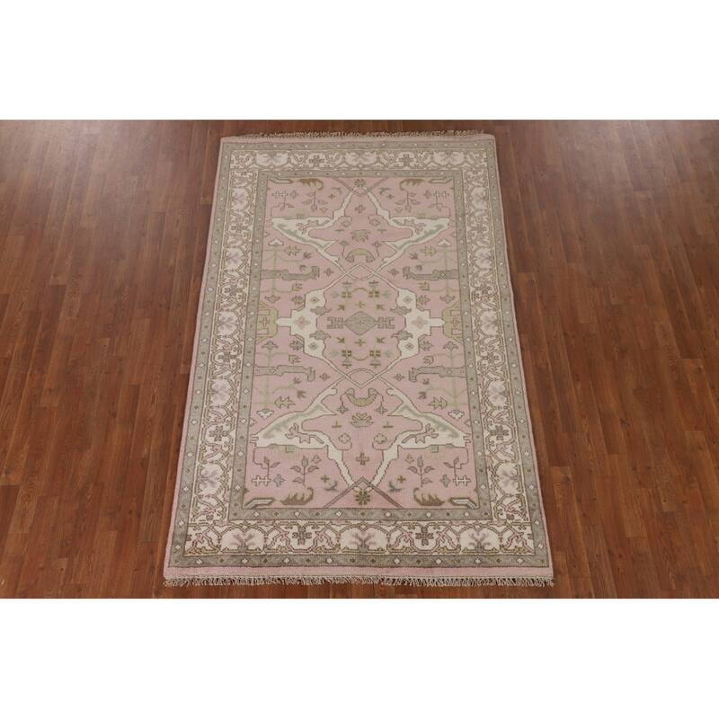 Light Pink Floral Oushak Oriental Area Rug Handmade Wool Carpet - 4'10"x 7'8"