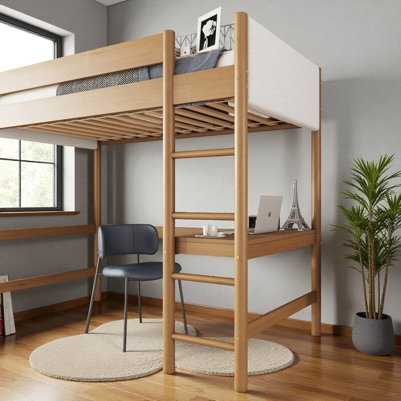 Twin Size Loft Bed with Built-in Desk and Boucle Upholstered Headboard, Solid Rubber Wood Loft Bed with Ladder and Guardrails