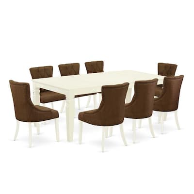 9Pc Dining Set - Rectangle Table & 8 Parson Chairs - Linen White & Dark Coffee Finish - 84