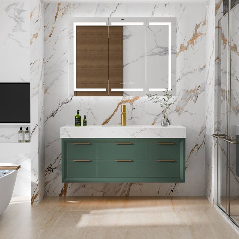 36/48/60 Modern LED Floating Bathroom Vanity with Single/Double Sink & Soft-Close Drawers & Waterproof, Green - 48''single sink