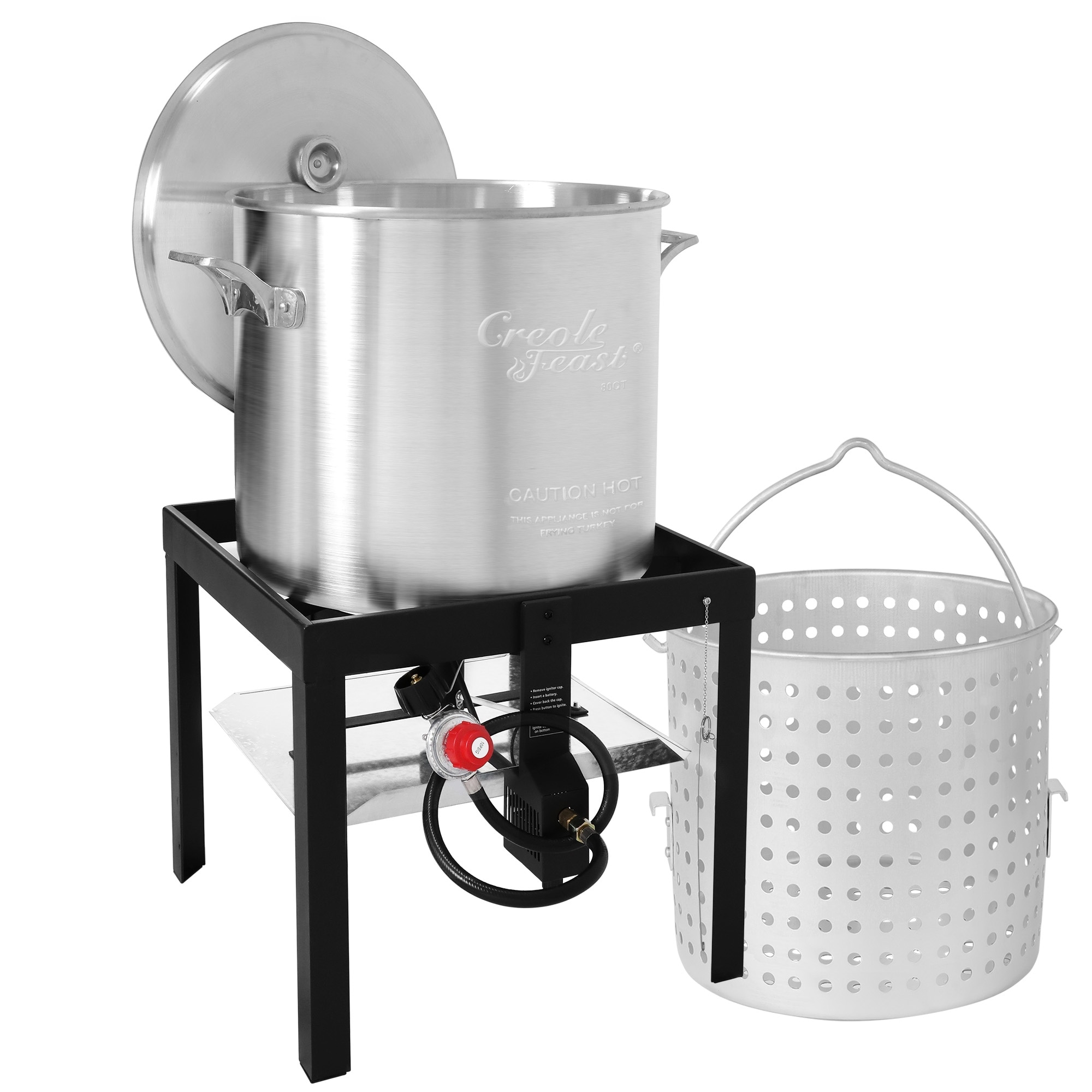 Creole Feast 80 QT Seafood Boiling Kit with Strainer, Outdoor Aluminum Propane Gas Boiler with 10 PSI Regulator, 100,000 BTU