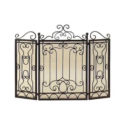 Metal Scroll Foldable Mesh Netting 3 Panel Fireplace Screen - Dark Brown - Roche River Decor