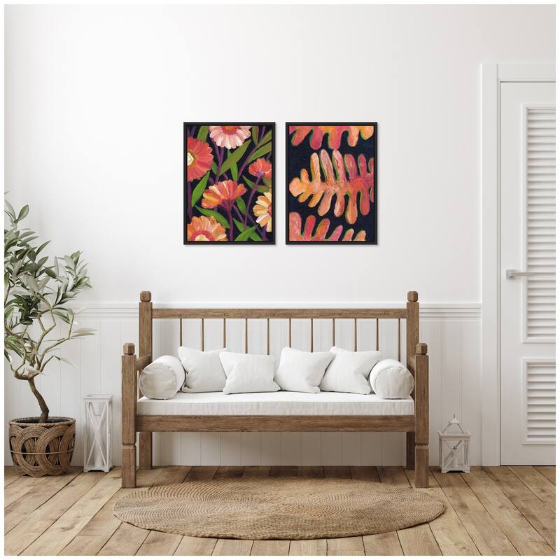 Kate and Laurel Sylvie Painterly Florals and Palm Leaves Framed Canvas Art Set by Nikita Jariwala