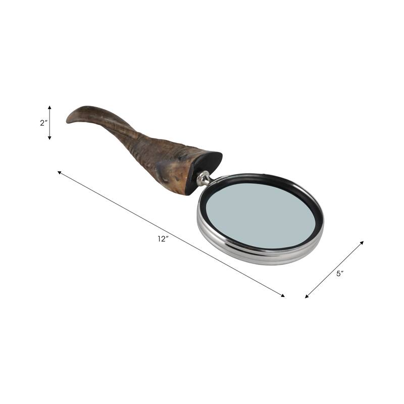 Glass Buffalo Horn Magnifying Glass Handcrafted Display - 2" Brown - 12" x 5" x 2"