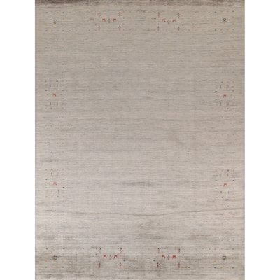 Beige Tribal Gabbeh Area Rug Hand-Knotted Wool Carpet - 7'10" x 9'8"