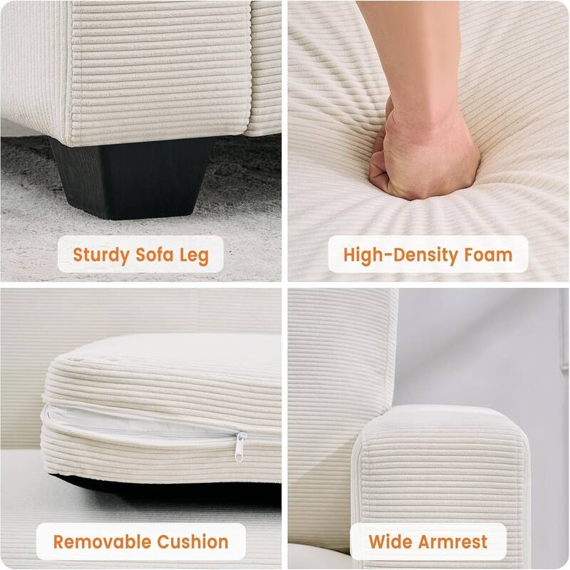 3 Seater Corduroy Upholstered Couches, with Wide Armrests, 83"