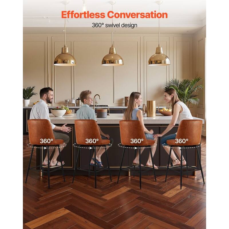 Brown PU Leather Cushion Swivel Counter Height Bar Stool with Iron Pipe Frame and Footrest for Kitchen Island