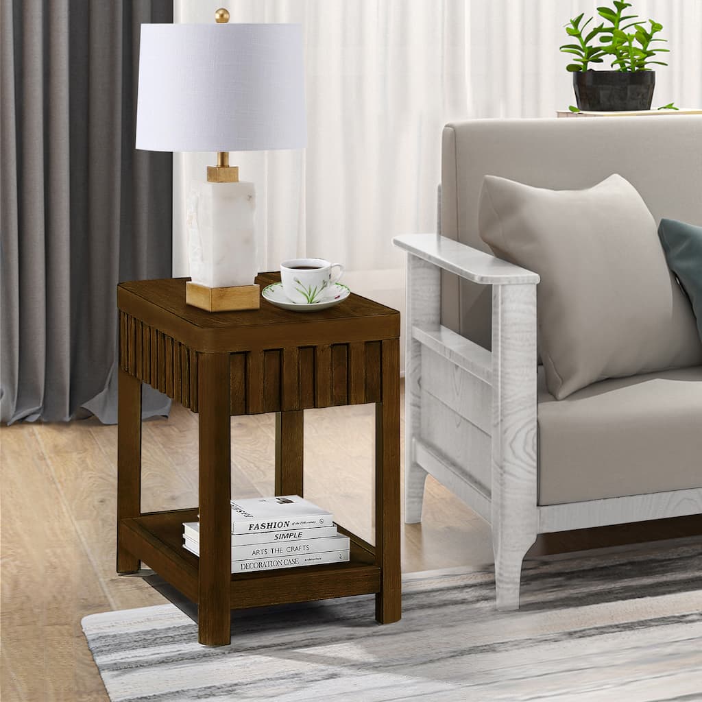 25"Rectangular Farmhouse End Table with Storage Shelf,Sofa Side Table with Solid Wood Legs for Living Room