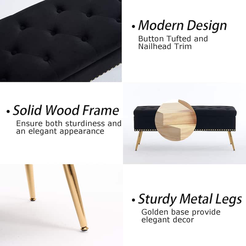 Velvet Storage Ottoman Bench with gold legs and Nailhead Trim for Bedroom/End of Bed/Entryway/Window