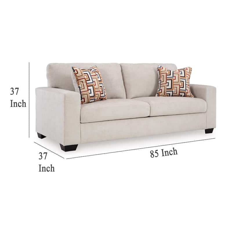 Avie Sofa, 2 Accent Pillows, 85 Inch, Soft White Ivory Polyester