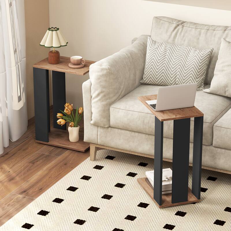Gymax 2-Tier C Shaped Side Table w/ Universal Wheels & Shelf for Small