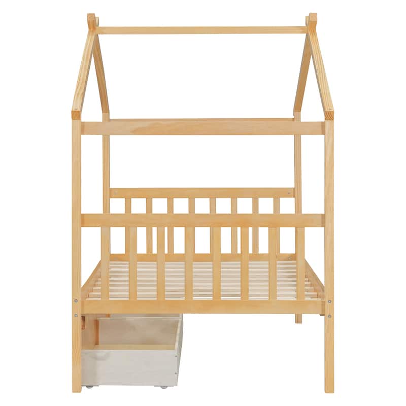 Twin Size Wooden House Bed with Drawers, 79.5"L x 41.5"W x 63.1"H, Natural