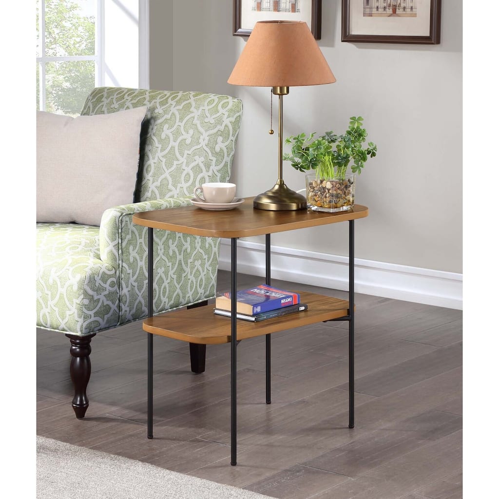 Chairside End Table with Shelf Retro Glam Accent Furniture Hairpin Metal Legs Two-Tier MDF Shelves Birch Veneer Finish - 18