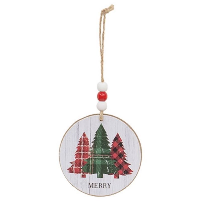 Rustic Woodland Round Christmas Ornaments Plaid Trees and Bear Designs with Jute Hanger 2 Asstd. - 3" diameter x .25" D