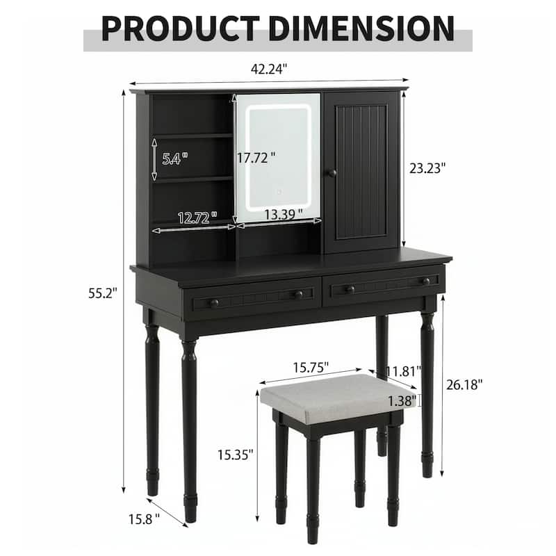 Vanity Desk with Adjustable Lighted Mirror & Upholstered Stool
