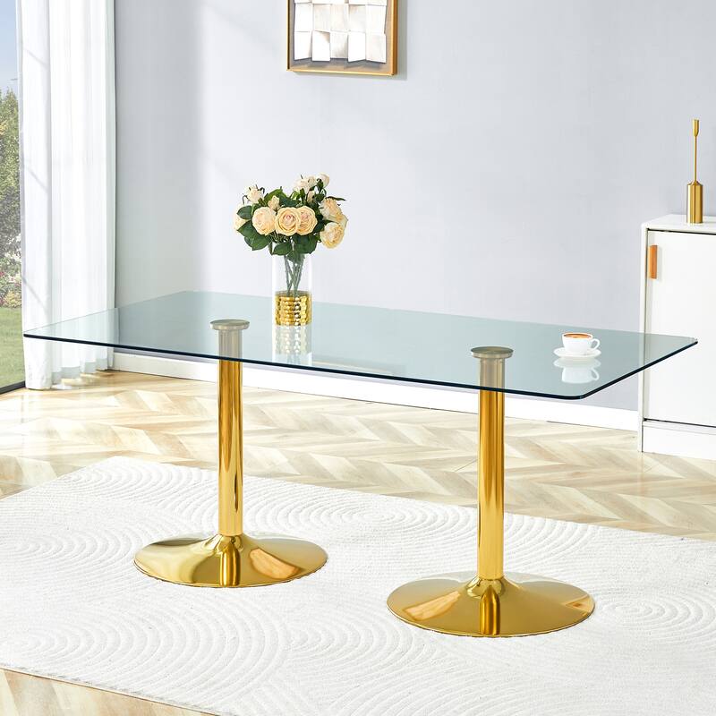 Rectangular Glass Top Dining Table with Metal Legs Modern Minimalist Design