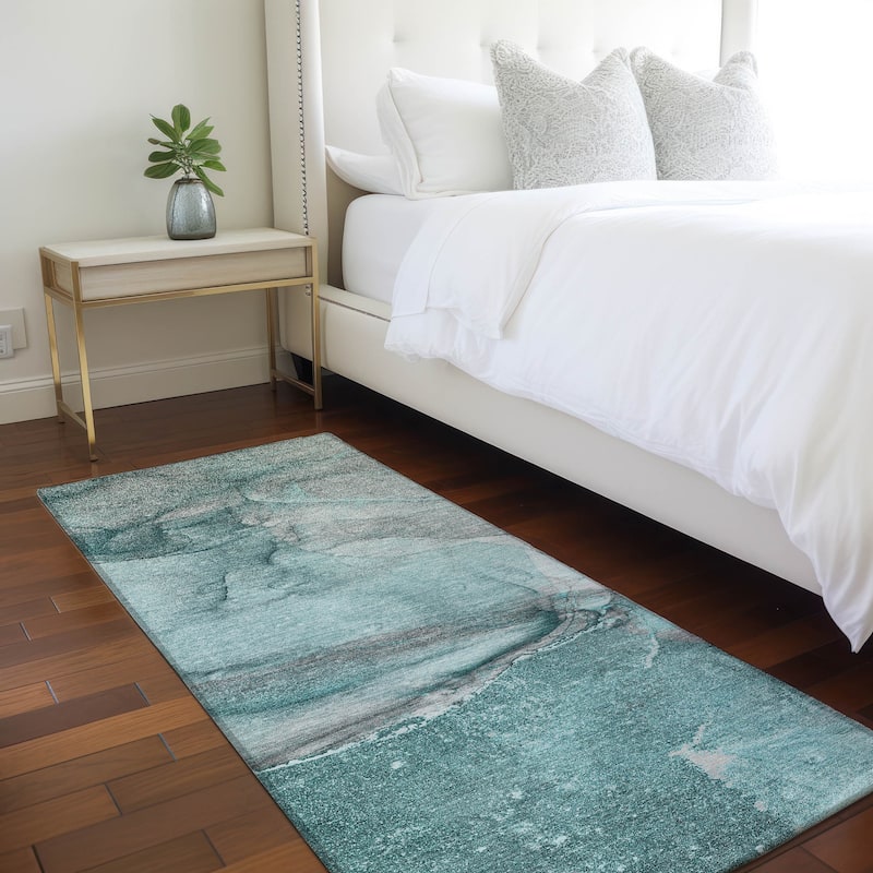 Machine Washable Indoor/ Outdoor Abstract Chantille Rug - Teal - 2'3" x 7'6"