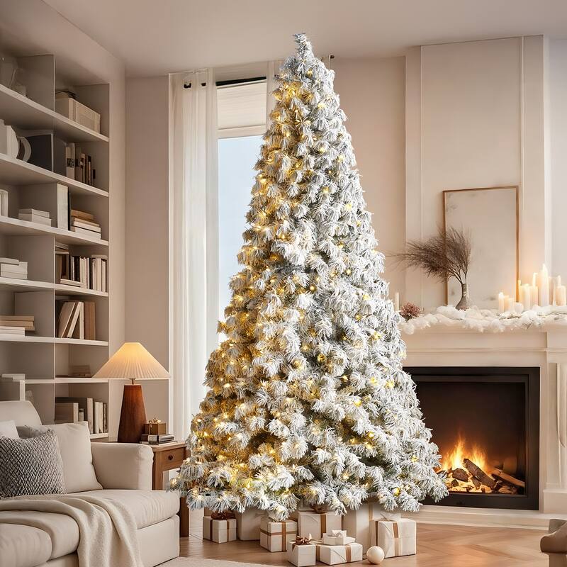 Glitzhome 7.5ft/9ft Pre-Lit Flocked Full Spruce Artificial Christmas Tree with C3 Lights Foot Switch