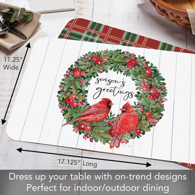 Country Christmas 4 Pack Reversible Easy Care Flexible Plastic Placemats Made in The USA BPA Free Easily Wipes Clean