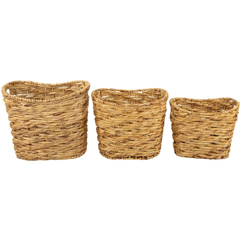 3 Oval Braid Weave Water Hyacinth Baskets Built-In Handles 17.25"