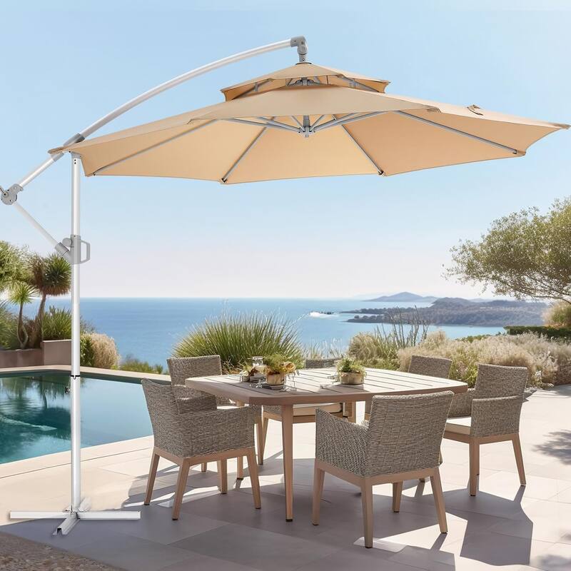 Double Layer 10ft Patio Umbrella with Upgraded Aluminum Frame,Cantilever Hanging Market Umbrella with Base Included - Beige