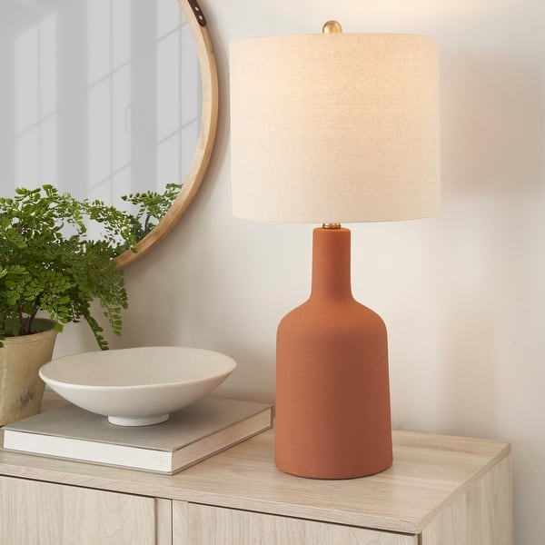 slide 2 of 8, Nourison 22" Minimalist Ceramic Table Lamp with Linen Drum Shade Terracotta