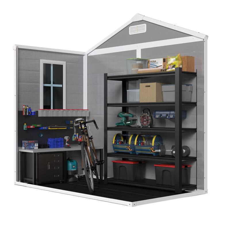 6x6 FT Storage Shed, Waterproof Resin Outdoor Storage Shed with Floor & Window & Lockable Doors and Vents, Tool Shed