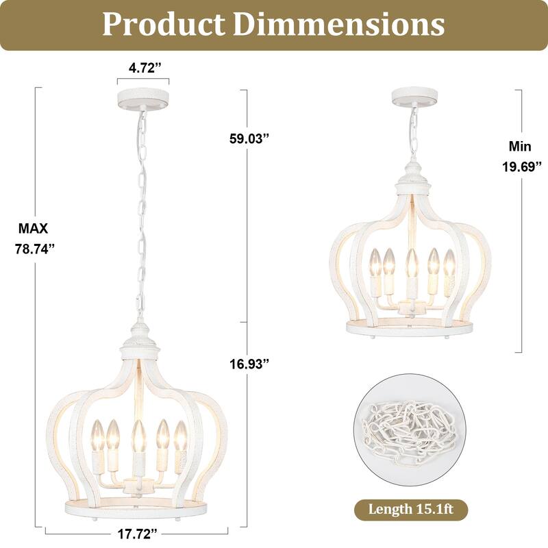 5-Light Rustic Crown Wood Ceiling Light Farmhouse Shabby Chic Chandelier, Bohemian Chandelier for Living Room Dining Foyer