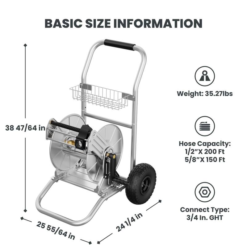 Garden Hose Reel Cart with Wheels, Stainless Steel Heavy Duty Water Hose Reel Cart, 200 ft of 1/2 Capacity, Mobile for Outside