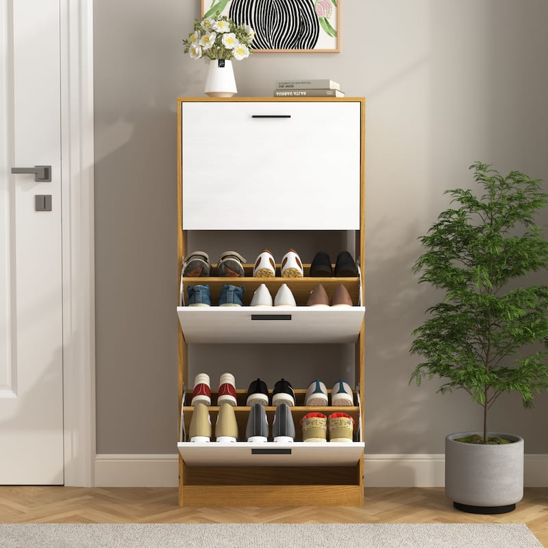Shoe Storage Cabinet with 3 White Panel Flip Drawers, Freestanding Organizer for Entryway