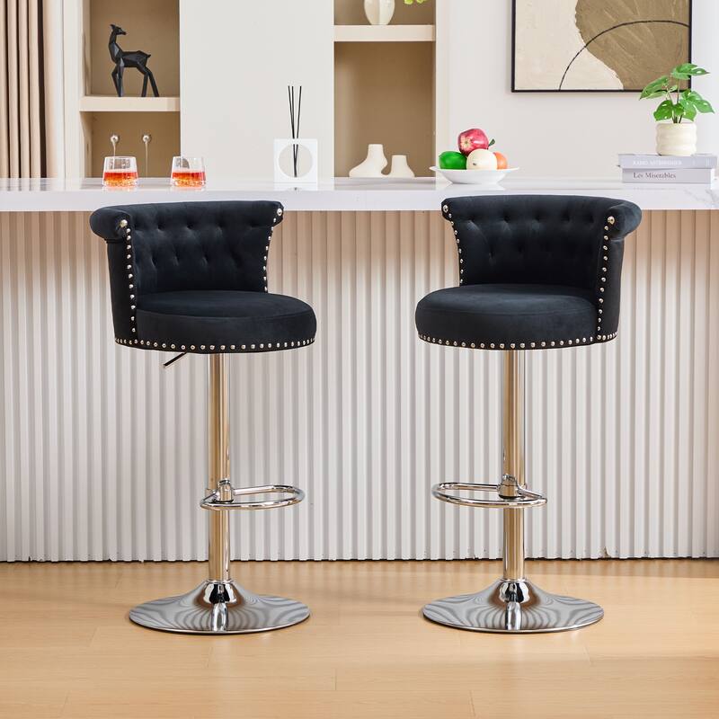 Velvet Bar Stool Set of 2, Adjustable Swivel Bar Stools with Silver Plated Metal Leg, Counter Height Chair - Black