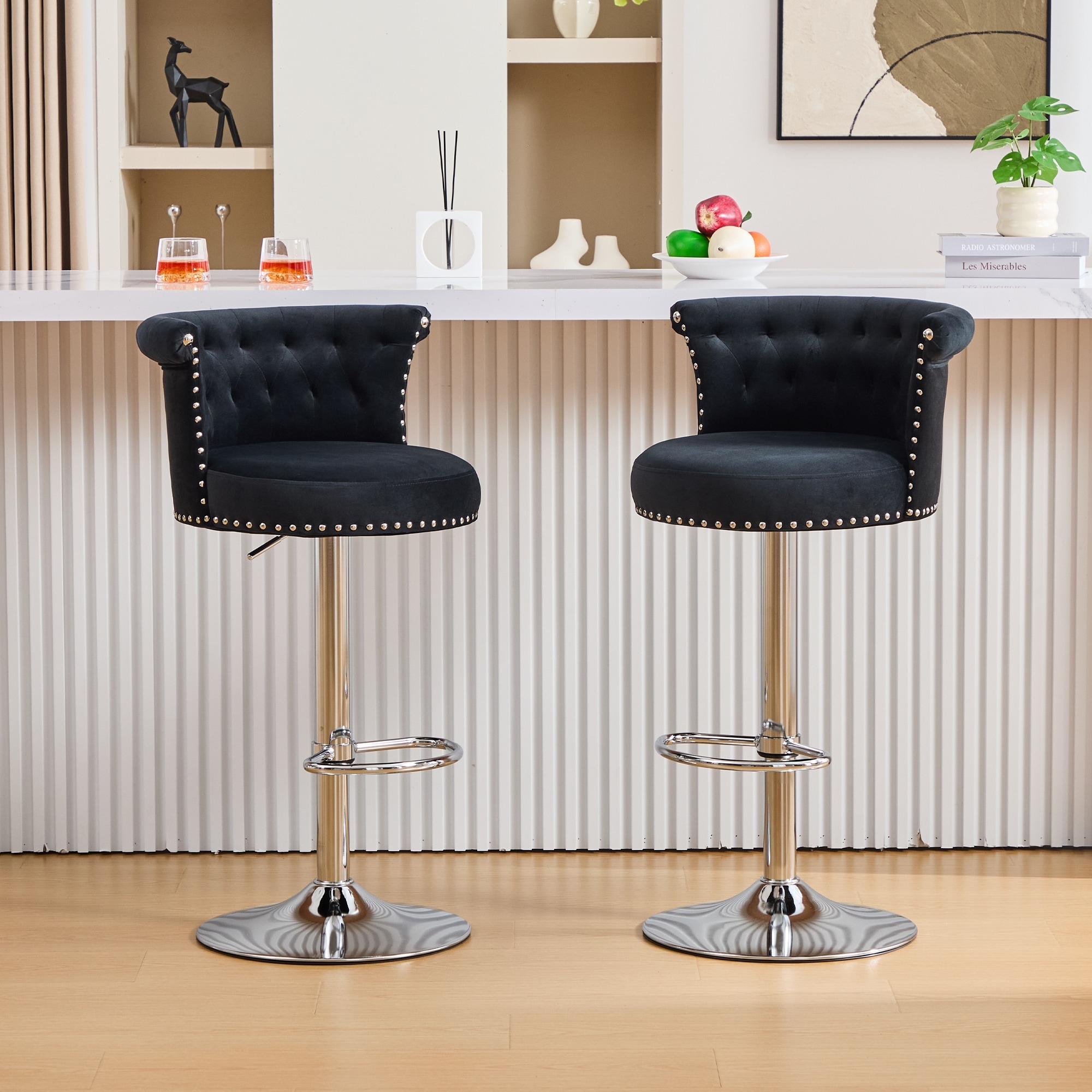 Velvet Upholstered Tufted Nailheads Swivel Adjustable Height Bar Stools with Silver Footrest(set of 2)