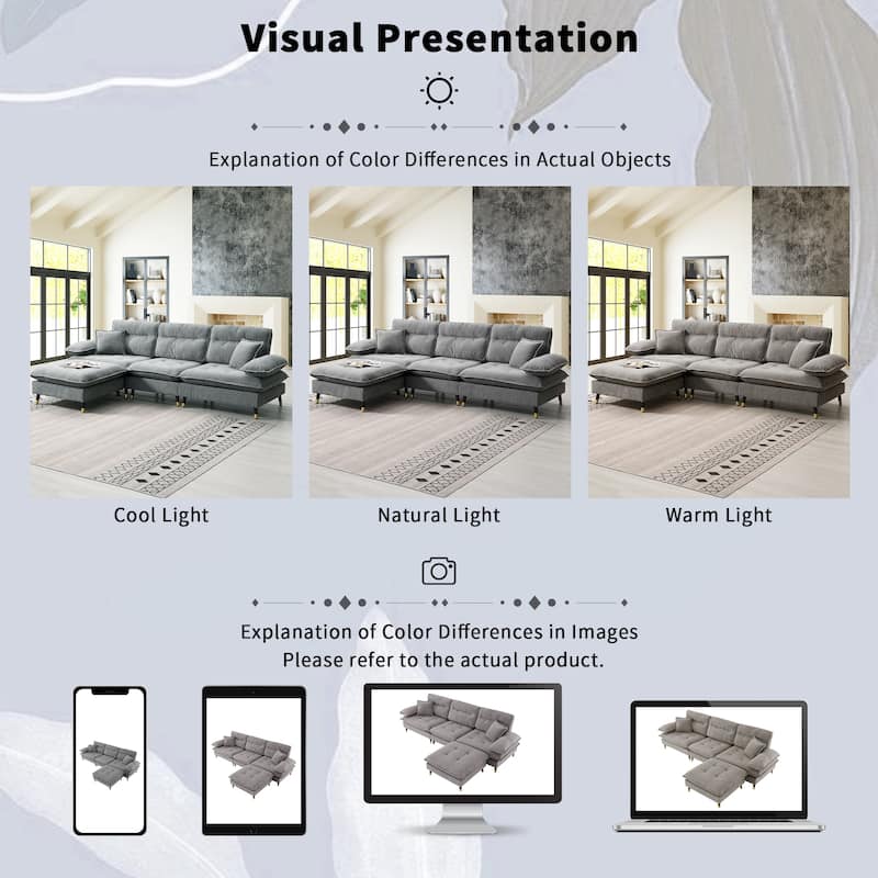 Grey 106'' L-Shaped 4-Seater Convertible Sectional Sofa with Adjustable Two-Tone Legs, Movable Ottoman