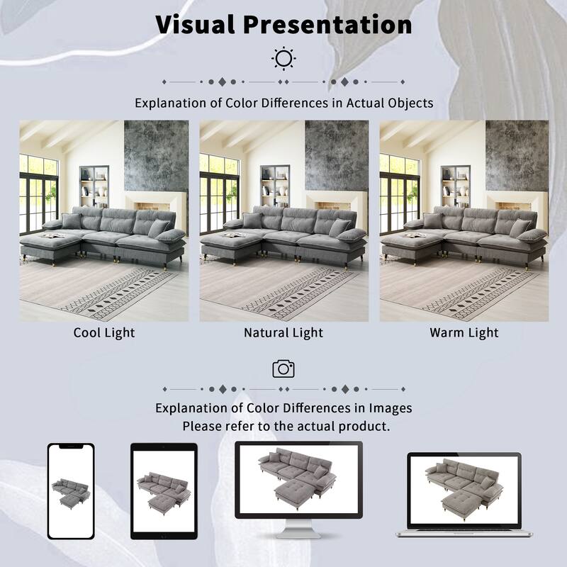 L Shaped Convertible Sectional Sofa, 4 Seat Tufted Couch Set
