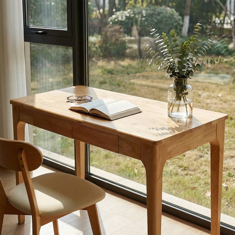Anmytek Natural Solid Wood Writing Desk with Storage Drawers Mid Century Modern Home Office Workstation for Small Spaces